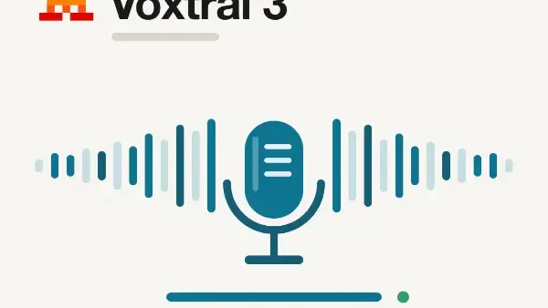 Visuel Voxtral 3 : agent vocal Mistral avec transcription et voix de synthèse